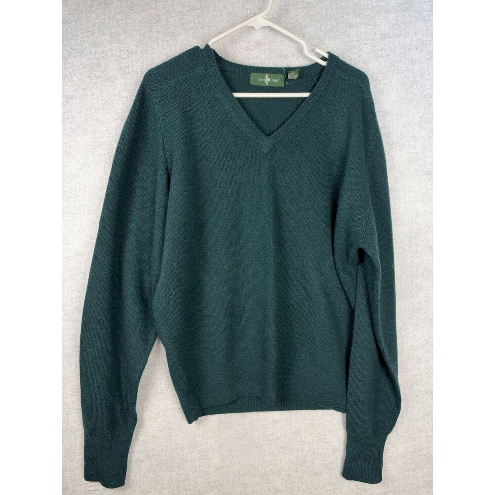 VTG Hunt Club Lambswool V-Neck Sweater Green Grandpa Core Long Sleeves Size Lrg